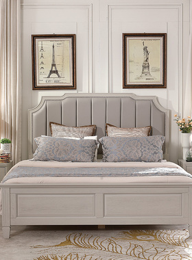 美式轻奢浅灰色红橡木全实木真牛皮软靠包双人床1.8m可高箱储物床