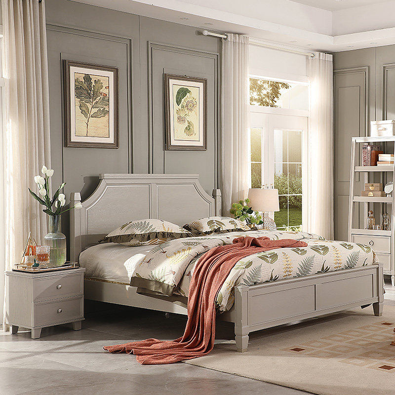美式轻奢浅灰色全实木床双人床1.8米气压高箱储物床1.5m婚床