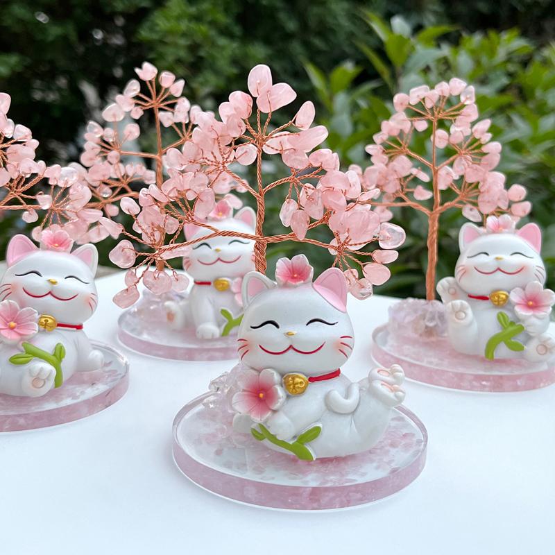 粉水晶发财树招财猫摆件