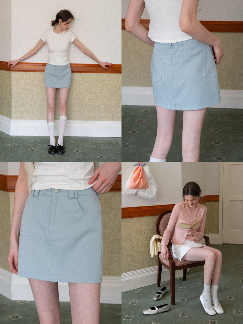 Light blue mini skirt worn by a model in multiple views