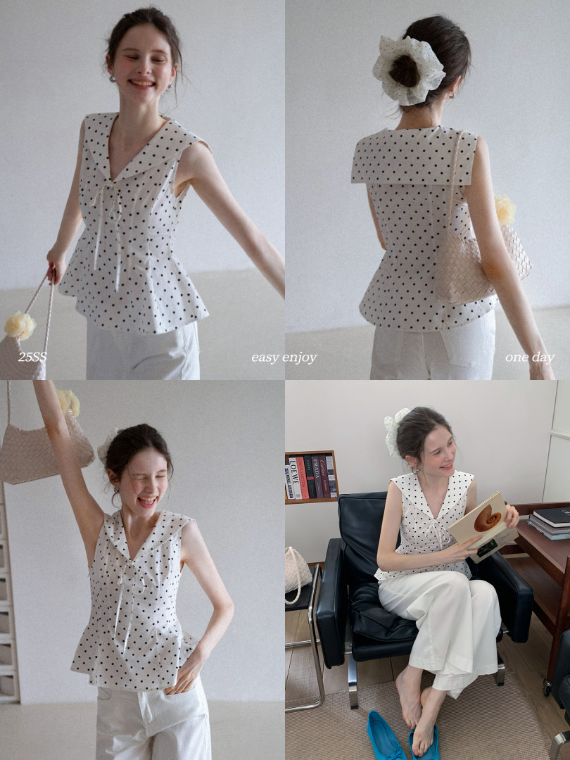 Collage of a model wearing a white polka dot sleeveless top with white pants