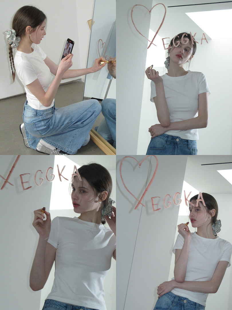 Model wearing a white fitted T-shirt and blue jeans in a mirror selfie collage