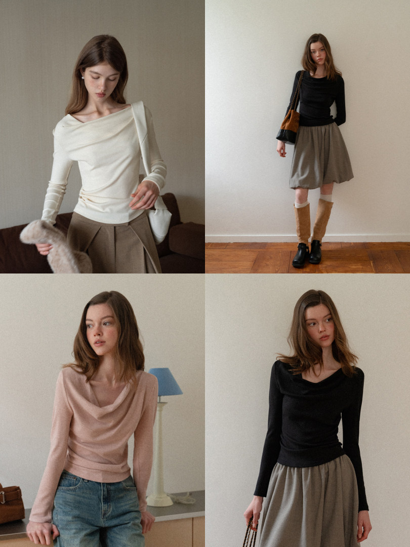 Collage of a model wearing long-sleeve draped tops in multiple colors