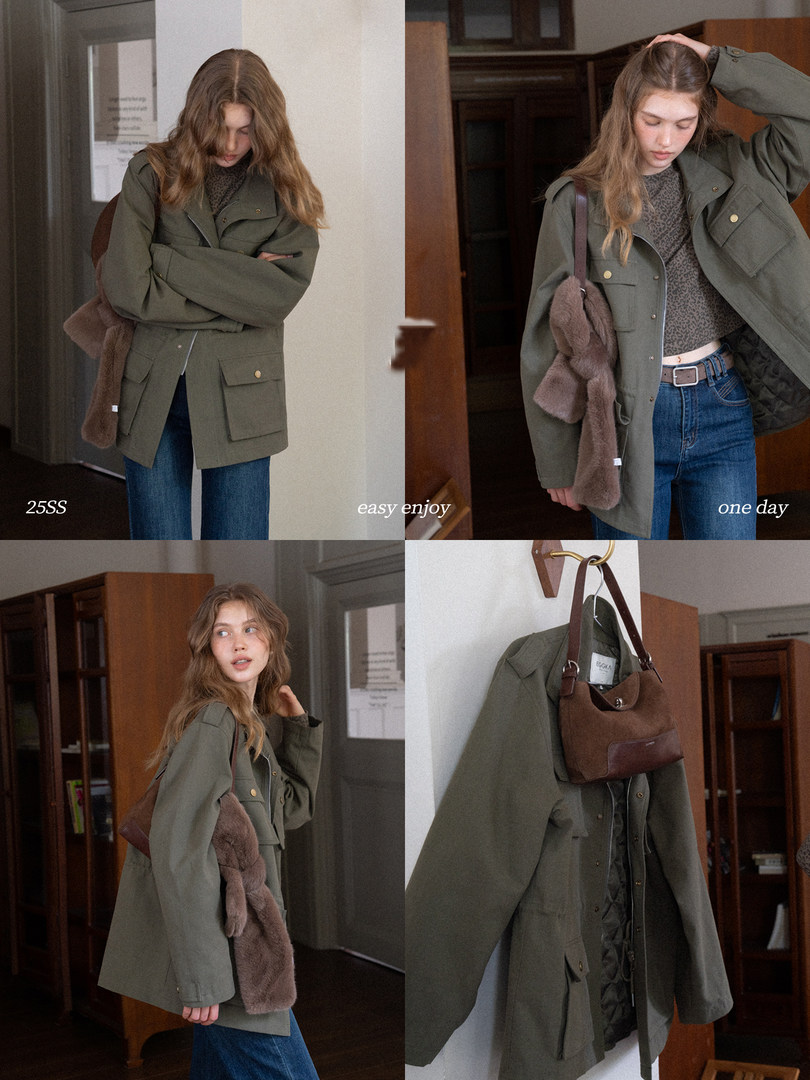 Olive green utility jacket worn by a model and shown hanging on a hanger