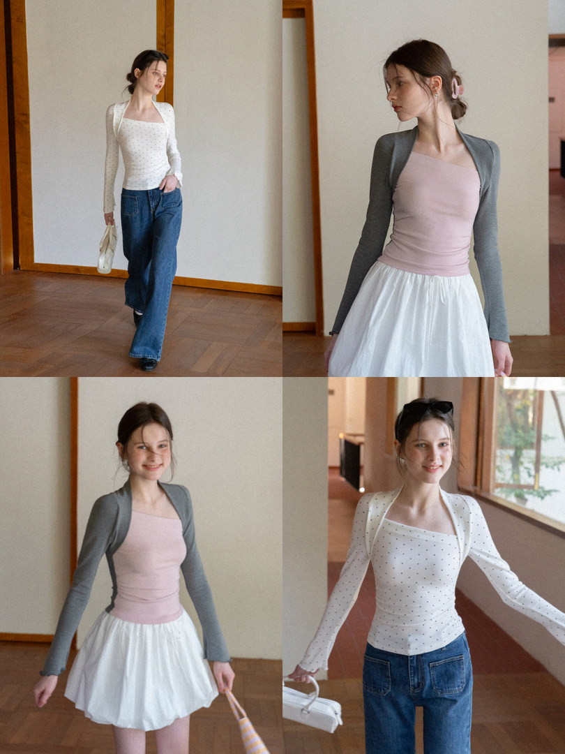 Collage of a woman modeling fitted square-neck long-sleeve tops in different colors