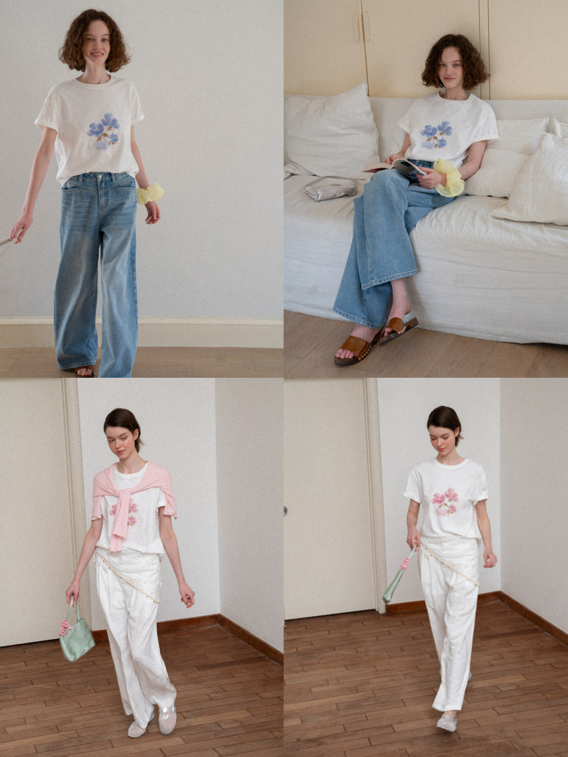 Collage of models wearing casual floral graphic T-shirts with wide-leg jeans and white pants