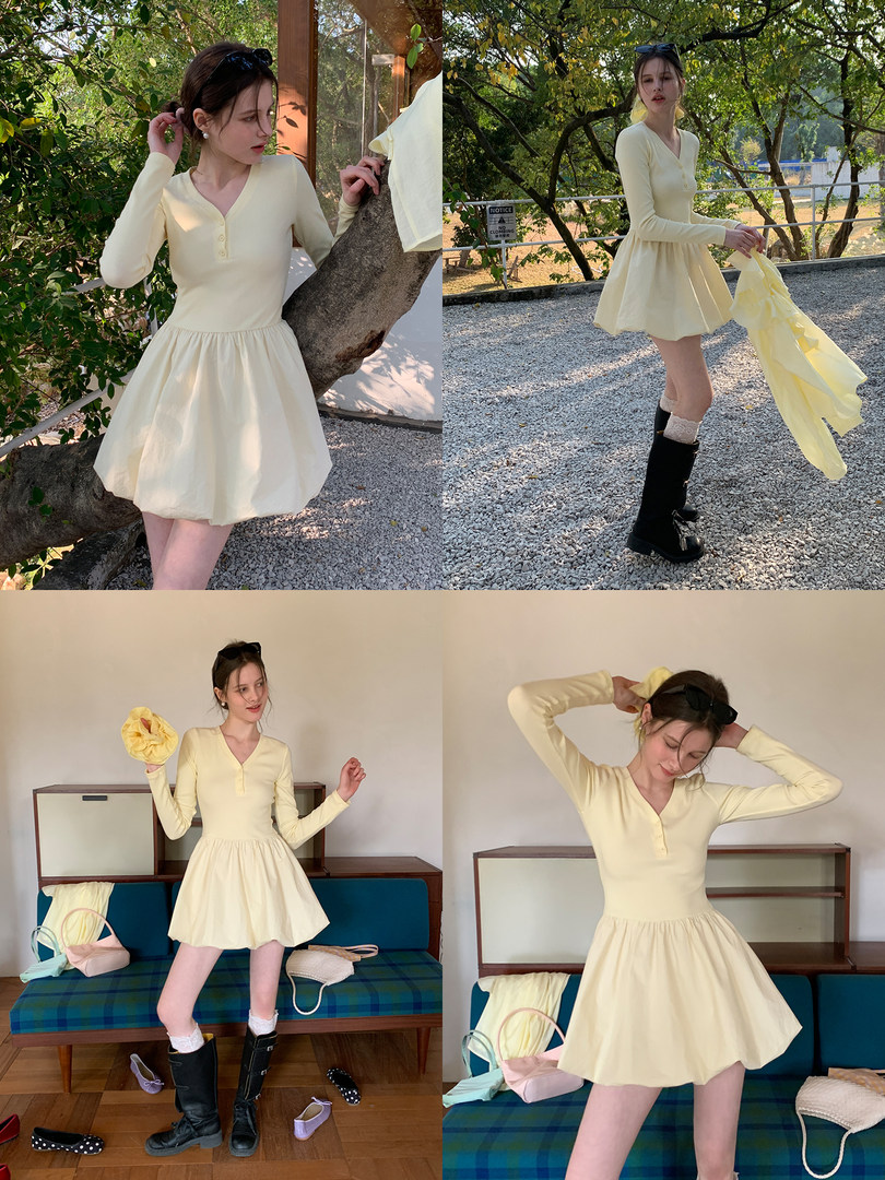 Light yellow long-sleeve mini dress worn by a model in multiple poses