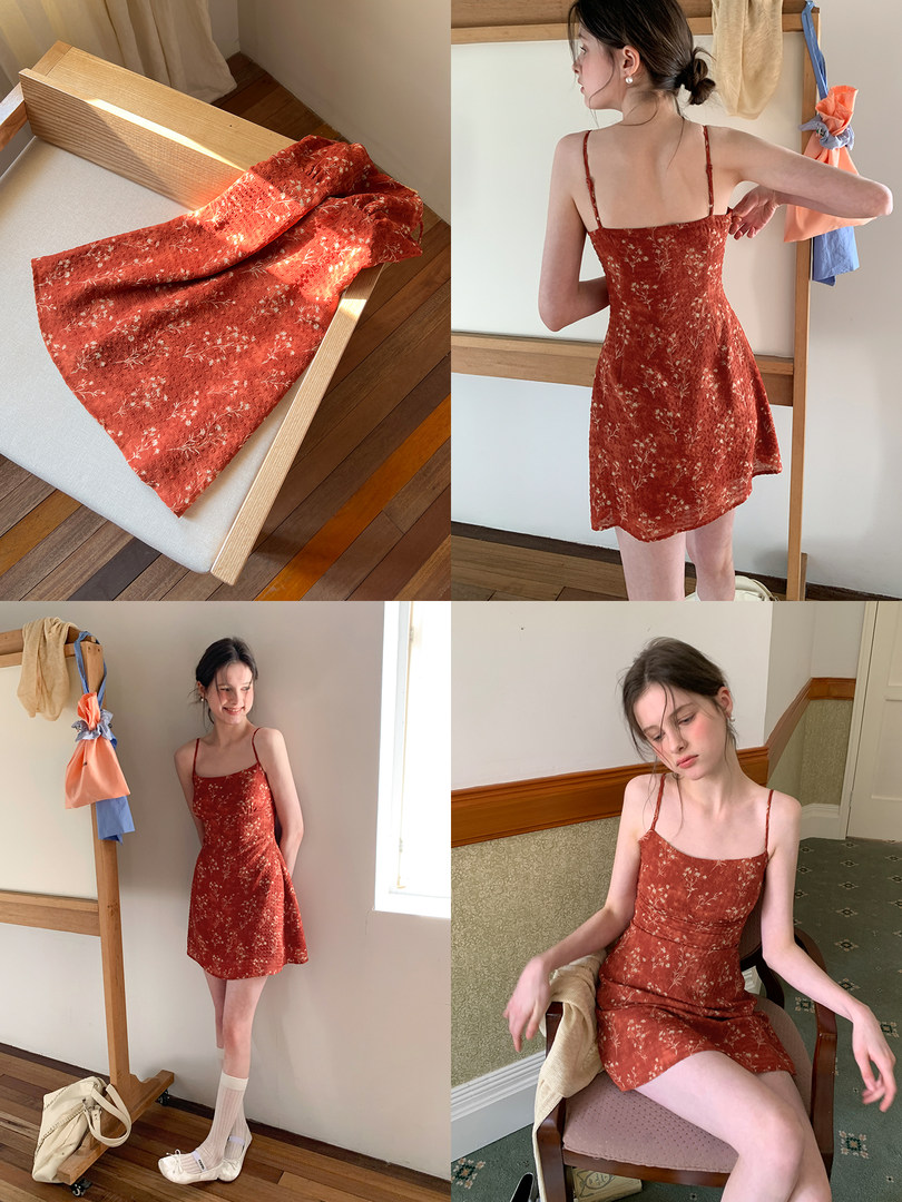 Red floral spaghetti-strap mini dress shown flat and worn by a model