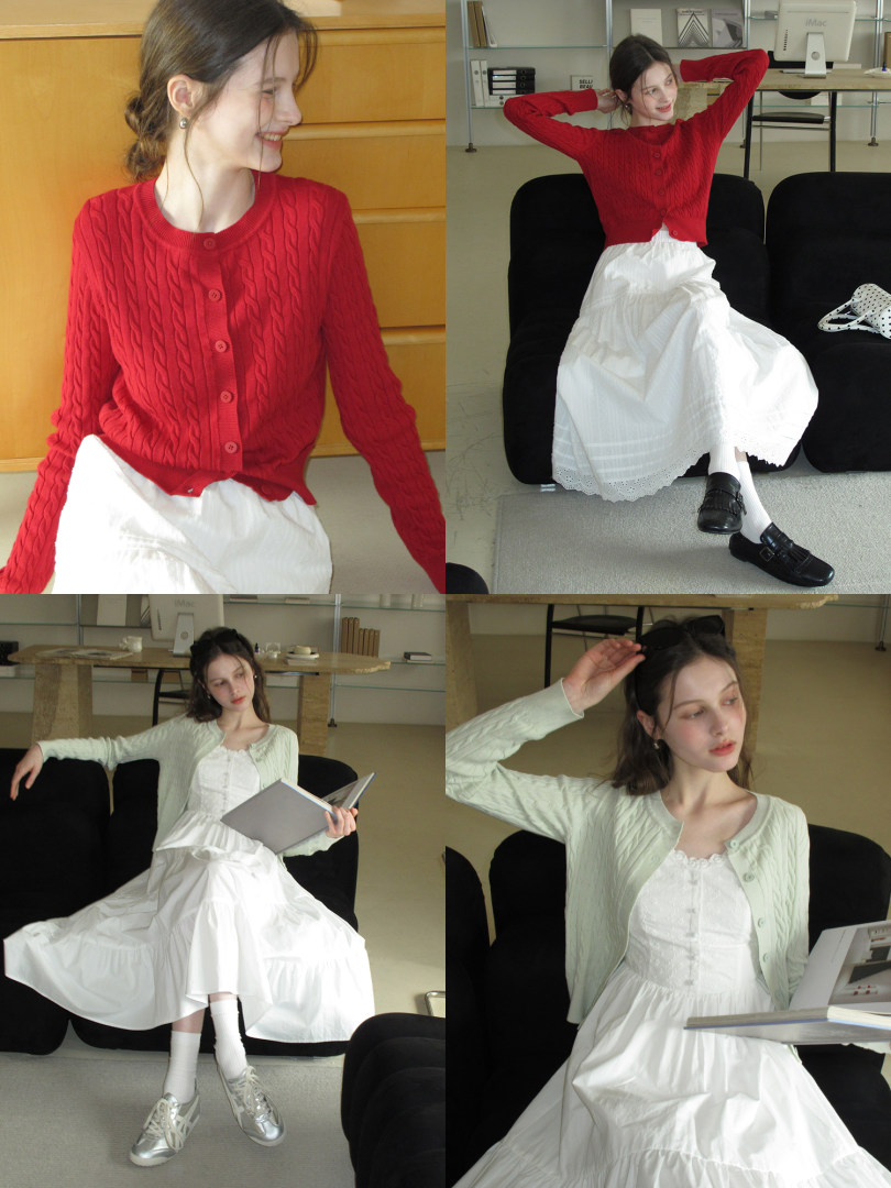 Model wearing red and mint cable-knit cardigans over a white dress
