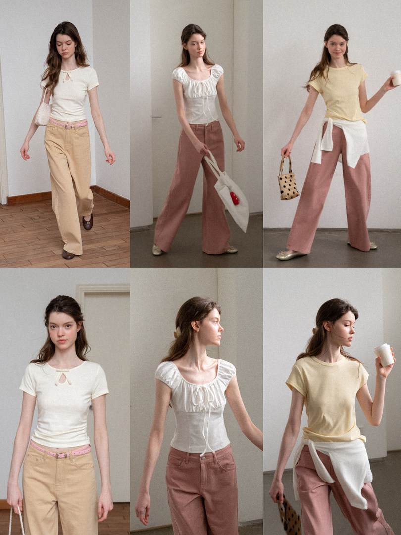 Collage of a model wearing pastel casual tops and wide-leg pants