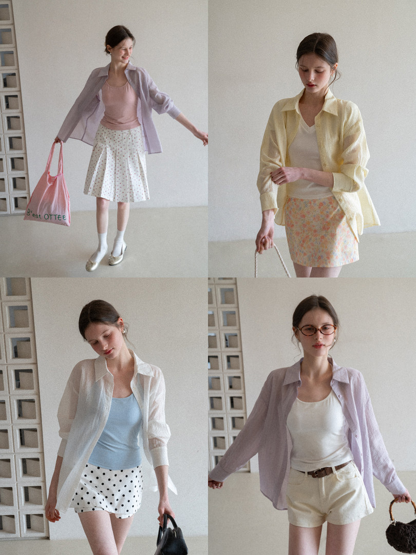 Collage of models wearing pastel summer outfits with shirts, tops, shorts, skirts, and tote bags