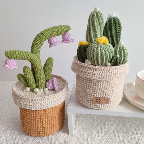 DIY手工编织创意盆栽玫瑰花铃兰花收纳盒仙人掌发财树毛线钩自制