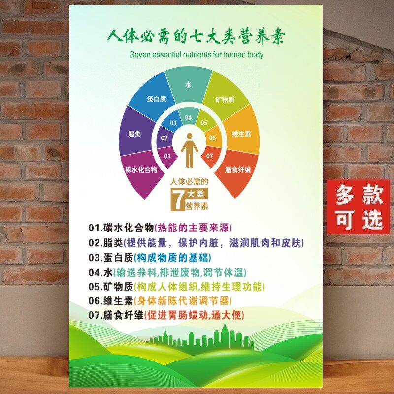 人体必需的七大营养素中国居民平衡膳食宝塔海报常见食物热量表