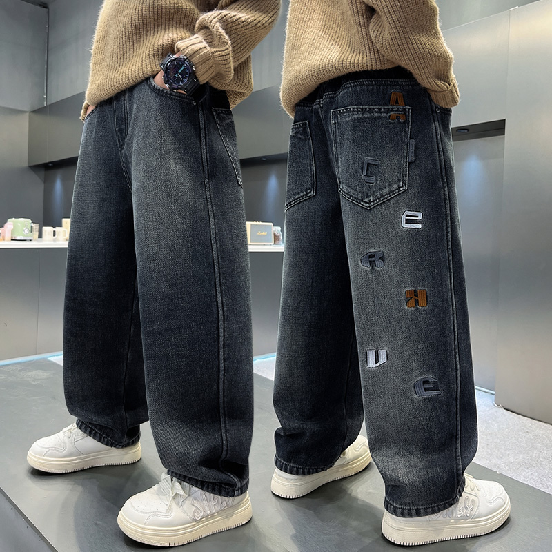 男童加绒牛仔裤冬季加厚一体裤子