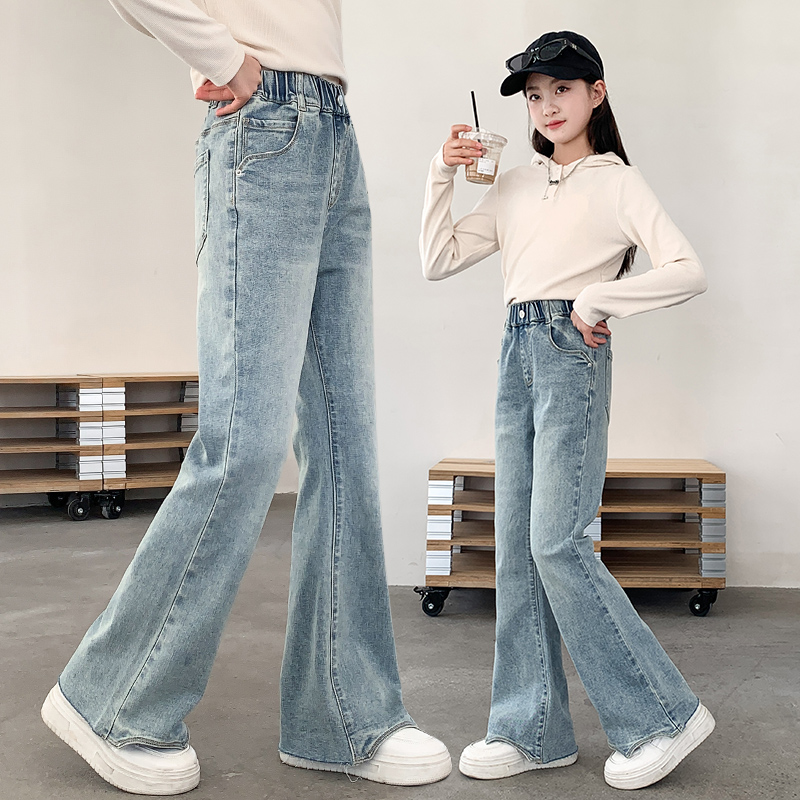 女童牛仔裤2025春秋款儿童洋气直筒微喇叭裤子中大童女孩修身长裤
