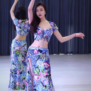 露西舞衣肚皮舞东方舞舞衣蓝色系系带丝带显白练习服