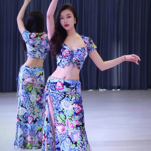 露西舞衣肚皮舞东方舞舞衣蓝色系系带丝带显白练习服