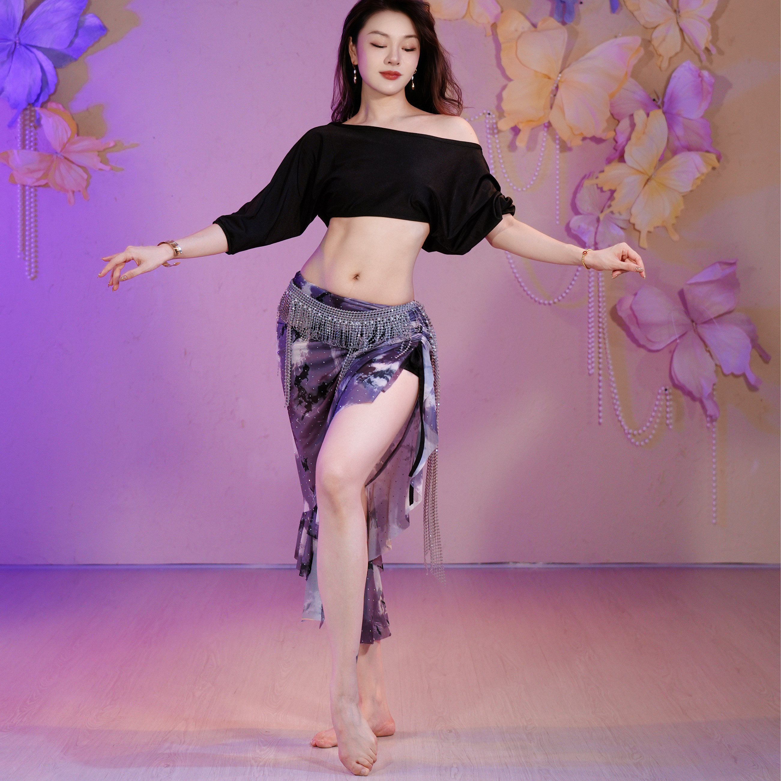 星河系列黑色闪钻露西同款肚皮舞