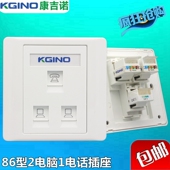 电话插座 2个电脑 86型三口双网线电话线信息插座 三位网络带电话
