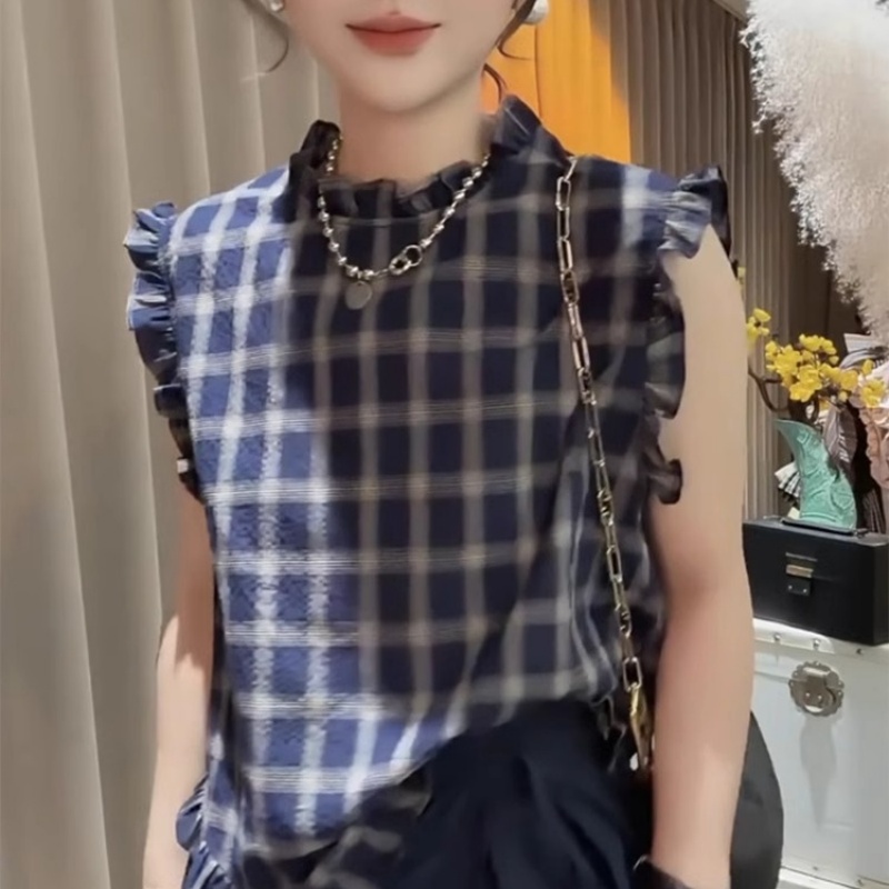 哥弟阿玛施同款2025夏季新款减龄格子宽松显瘦撞色木耳边无袖衬衫