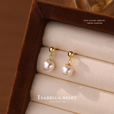 S925银珍珠耳钉法式轻奢小众