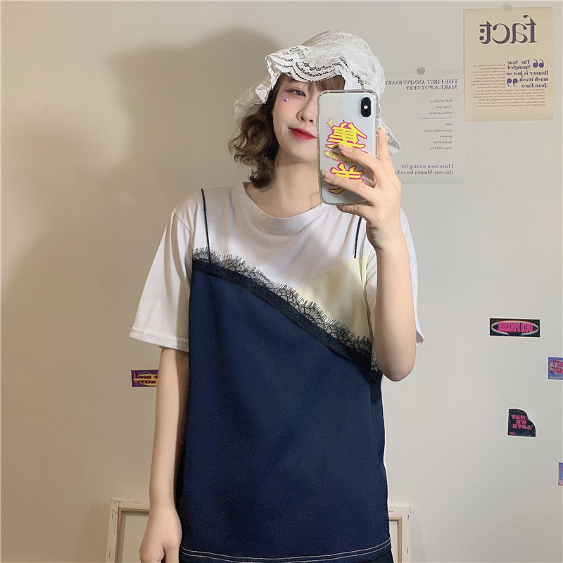 Real shot cotton Hong Kong style design feeling small crowd stitching fake two short sleeve T-shirt women's French top