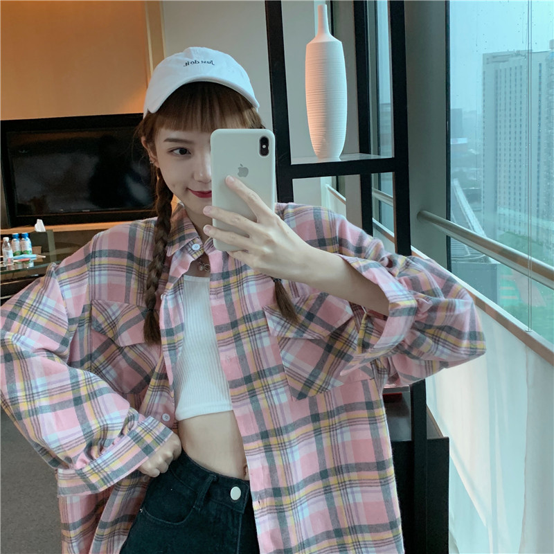 Real photo plaid shirt design sense Korean loose students wear shirt