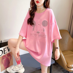 實拍短袖恤女夏新款燙鑽中長圓領上衣大碼女裝