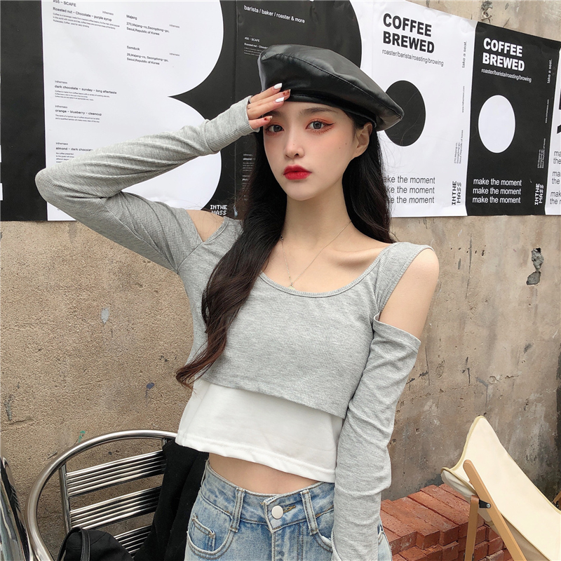 Real shooting of spring and autumn long sleeve T-shirt for women wearing fake two piece net red top