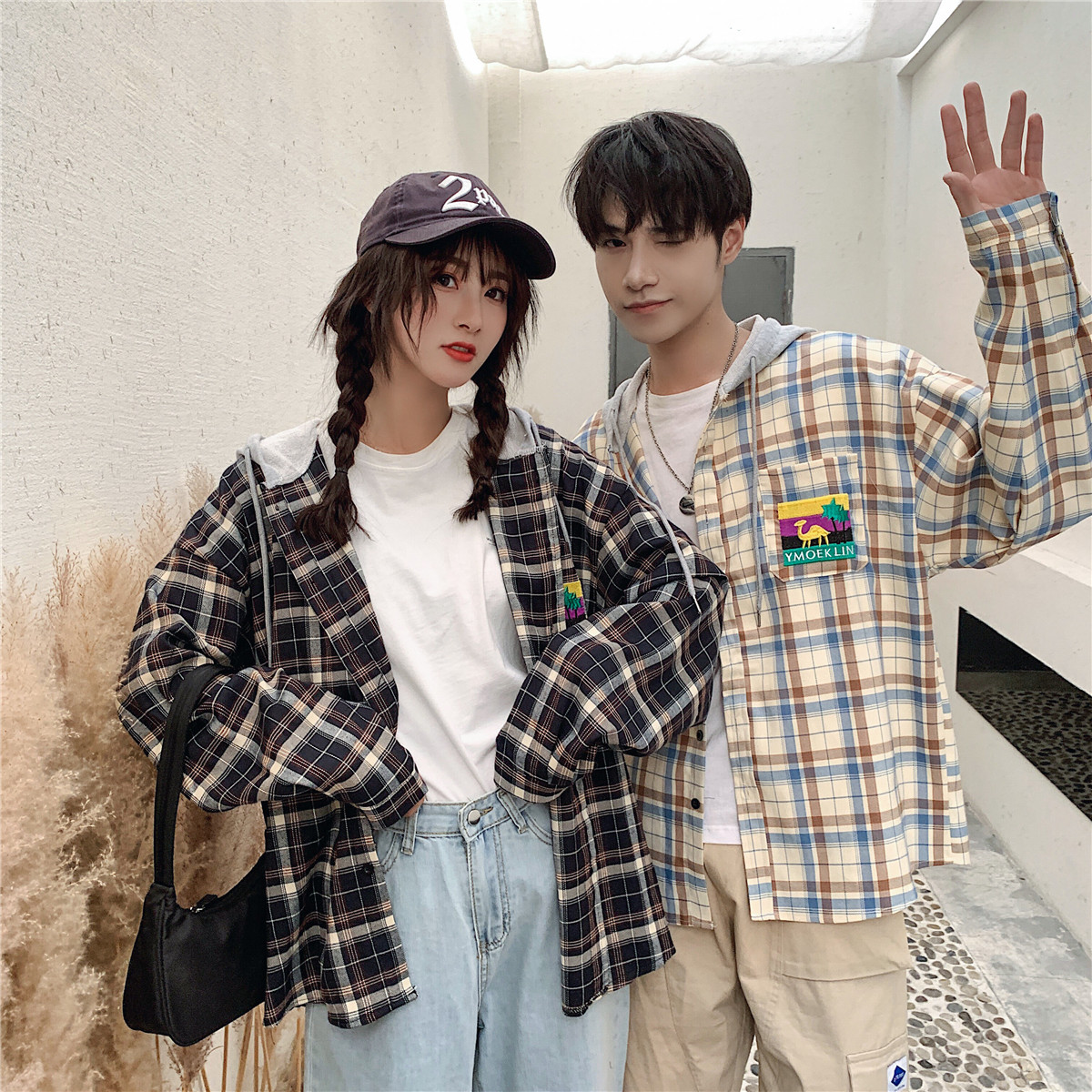 Real shooting autumn thin cardigan coat hooded Plaid long sleeve shirt lovers' wear men's and women's shirts