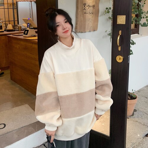 Real price lamb cashmere color matching half high collar sweater women's Korean version loose and lazy style