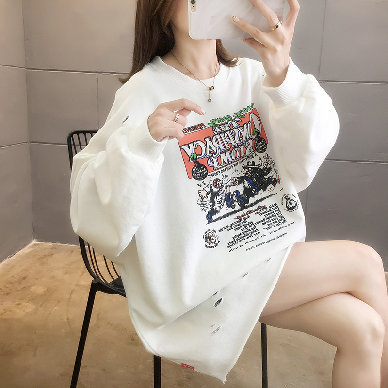 Real photos of women's bodyguards spring and autumn thin new style hole fashion long sleeve top T-shirt round neck large women's wear