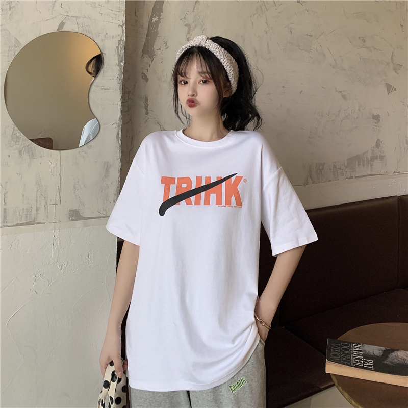 Real shot summer new printed short sleeve T-shirt women's Harajuku medium length versatile top