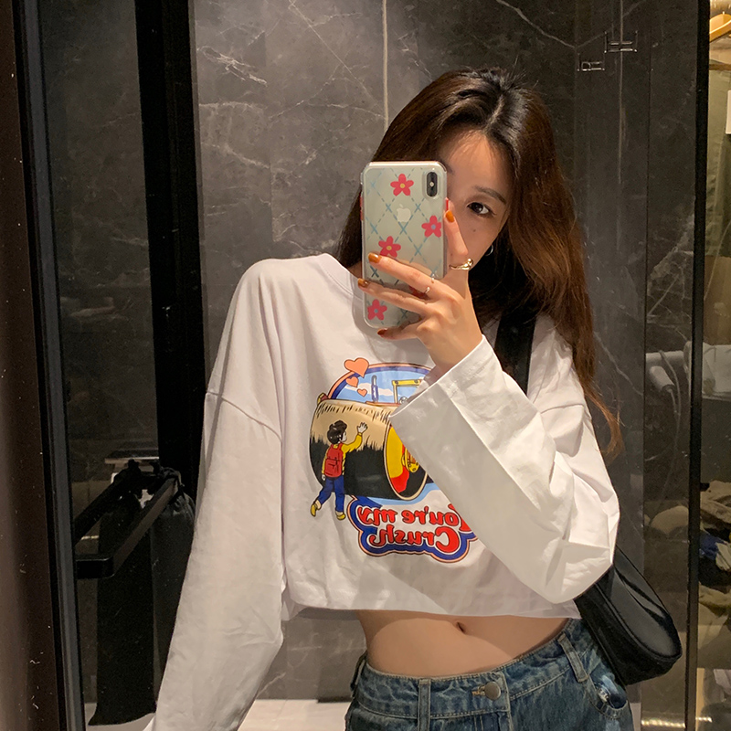 Real shooting long sleeve T-shirt women's loose short versatile student top