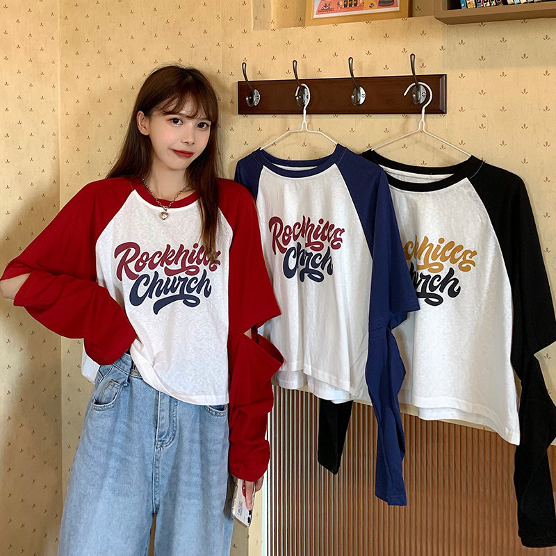 Real shot new color matching letter printed long sleeve T-shirt