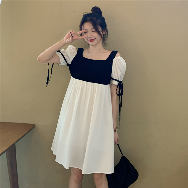 Official picture contrast stitching lace up short sleeve dress new French Platycodon grandiflorum in summer