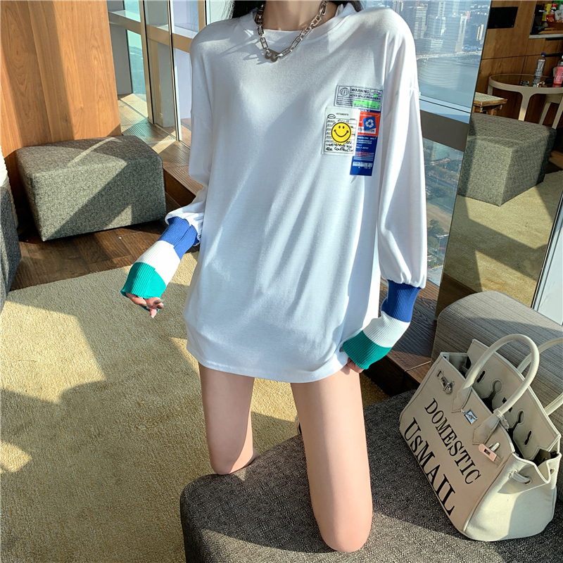 Real shot cotton spring and autumn long sleeve T-shirt women's versatile knitted sleeve color contrast top