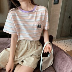 Real shot Japanese top embroidered Rainbow Stripe Pullover pure soft girl short sleeve T-shirt