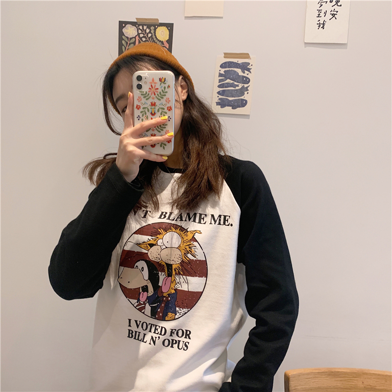 Real cotton new long sleeve T-shirt with cartoon printing