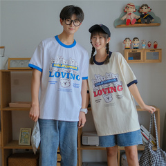 實拍拼接撞色小熊短袖T恤校園情侶裝半袖上衣女