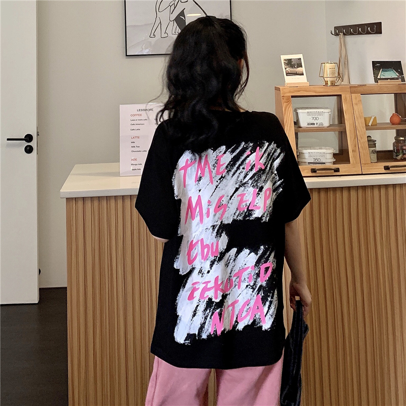 實拍原宿風炸街短袖T恤女ins潮後背塗鴉嘻哈上衣