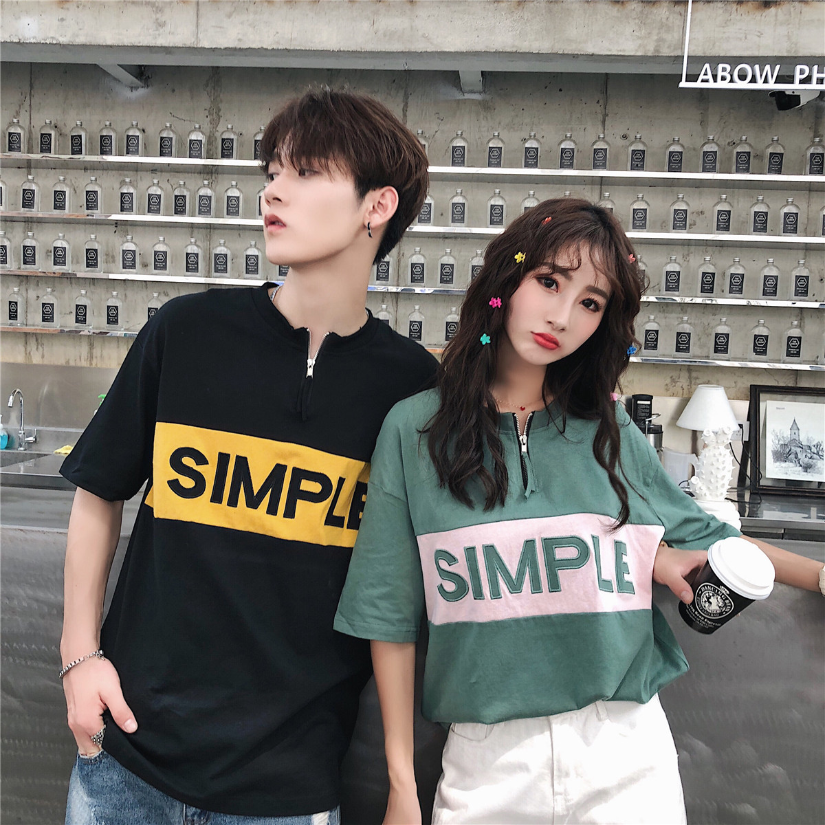 Hong Kong Style couple's short sleeve round neck top student color contrast letter T-shirt