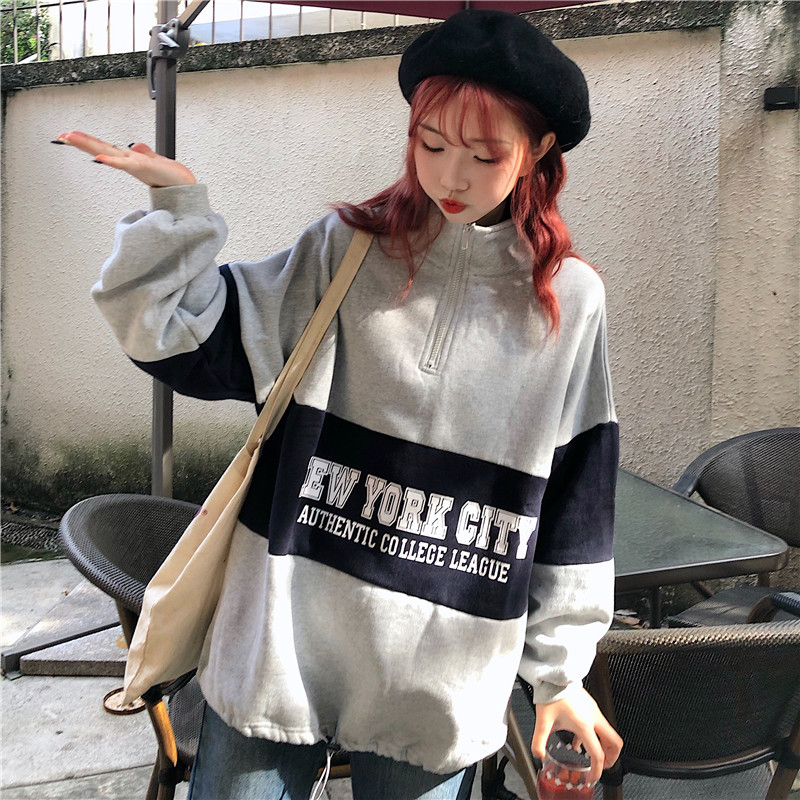 Real shot net red lazy style loose color printing long sleeve sweater for women