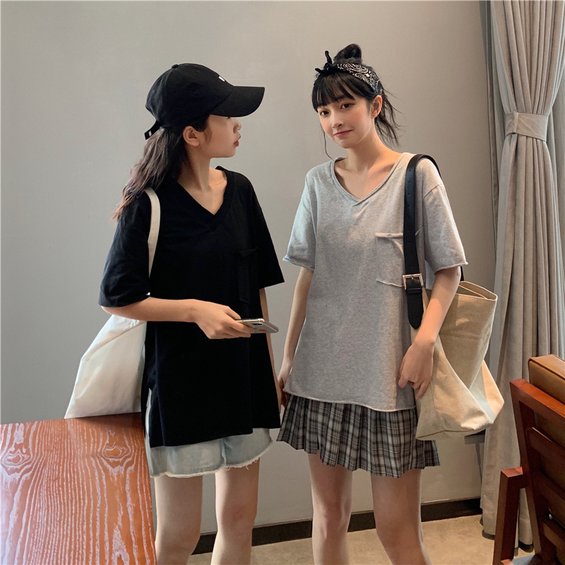 Real shot cotton summer collar short sleeve T-shirt women's summer loose medium length split top