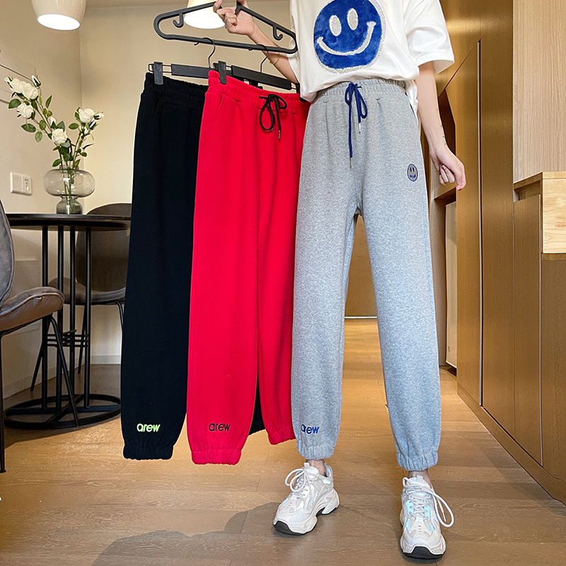 Real shot casual pants women's spring and autumn thin new embroidered Harem Pants high waist sports pants