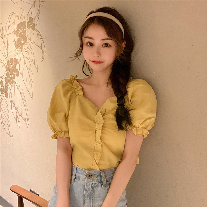 實拍泡泡短袖襯衫女設計感小眾短款鎖骨T恤女