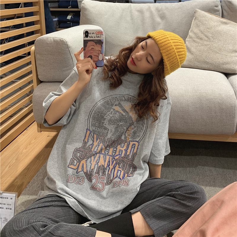 Real shooting cotton summer clothes Vintage printed short sleeve T-shirt for women