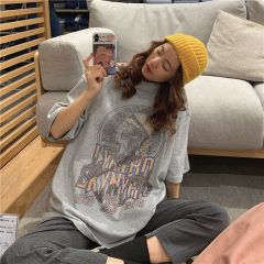 Real shooting cotton summer clothes Vintage printed short sleeve T-shirt for women