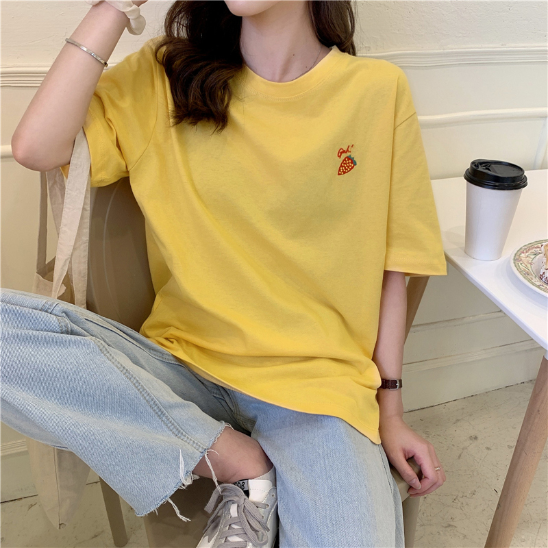 Real photo thorn berry summer embroidery loose half sleeve top White Short Sleeve T-Shirt