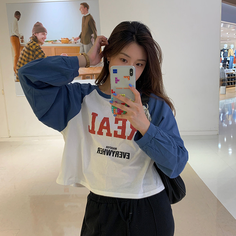 Real shot cotton print letter color matching Korean version thin and versatile short long sleeve T-shirt